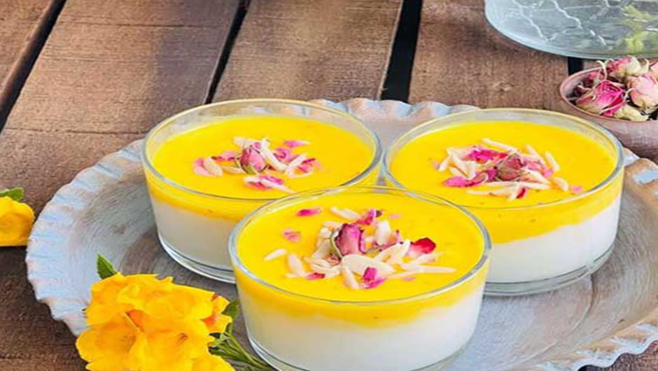 فرنی خامه ای با ژله زعفرانی